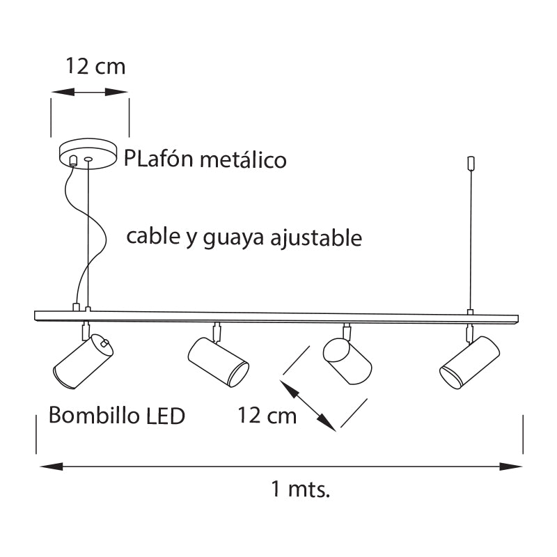 Plano técnico Lámpara Spot Colgante 4 luces Moderna Onix