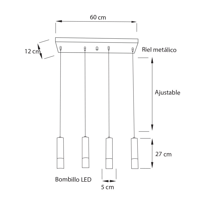 Plano técnico Lámpara Colgante 4 Luces Moderna Milano 27