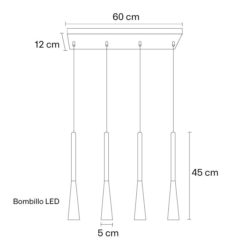 Plano técnico Lámpara Colgante 4 Luces Moderna Conic