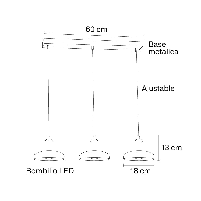 Plano técnico Lámpara Colgante 3 Luces Industrial Leno