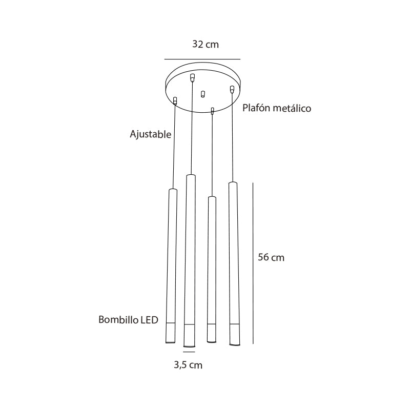 Plano técnico Lámpara Colgante 4 luces Moderna Milano M56
