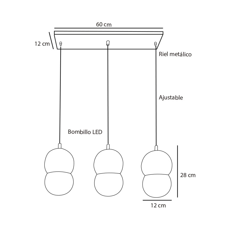 Plano técnico Lámpara Colgante 3 Luces Elegante Cosmopolitan B12