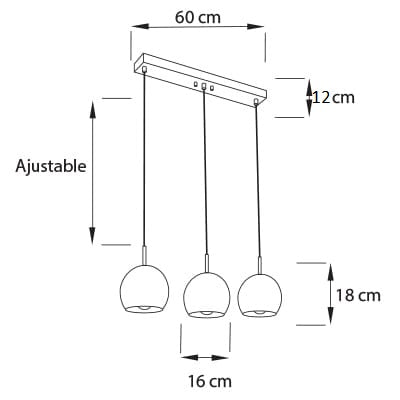 Plano técnico Lámpara Colgante 3 Luces Moderna Cosmopolitan