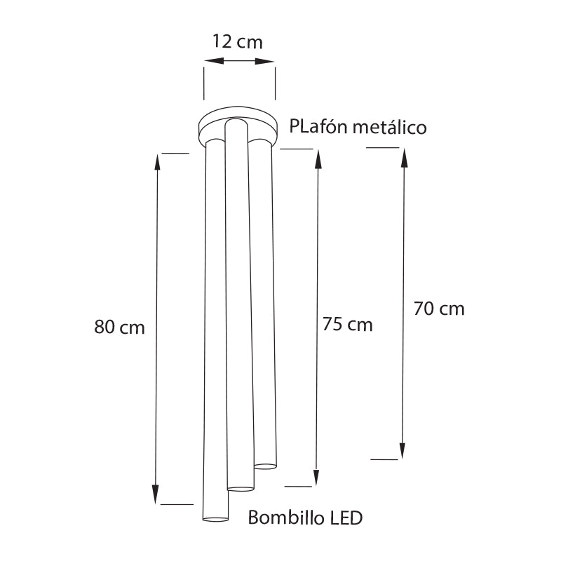 Plano técnico Lámpara Plafón 3 Luces Industrial de techo Milano