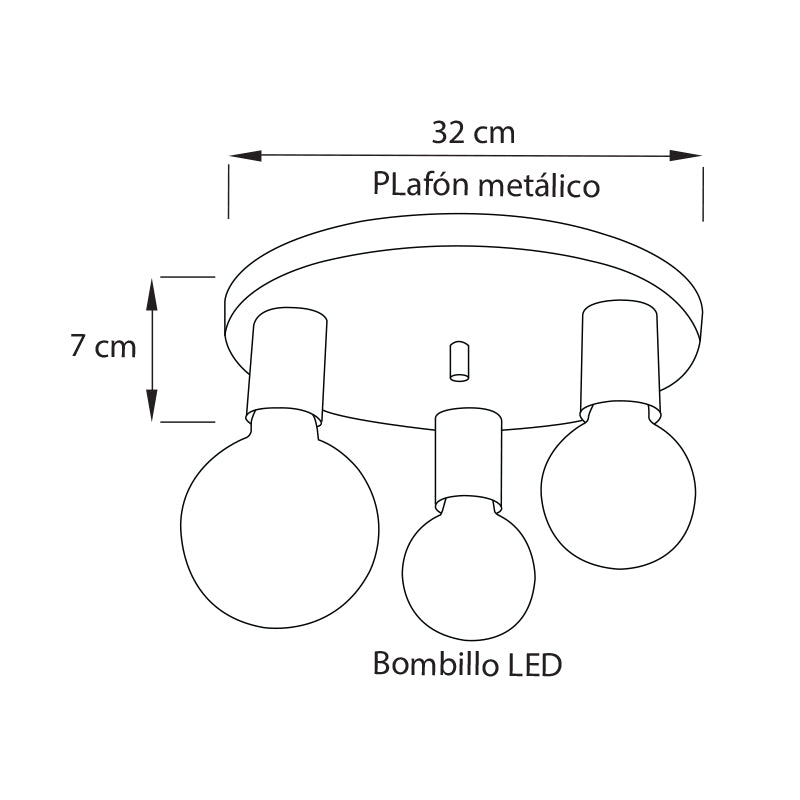 Plano técnico Lámpara de Plafón 3 luces Moderna Denver