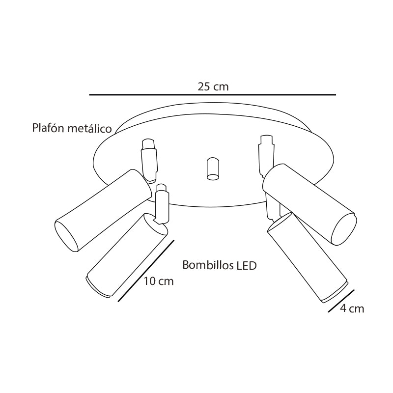 Plano técnico Lámpara de Plafón tipo Spot 4 Luces Industrial para techo Milano